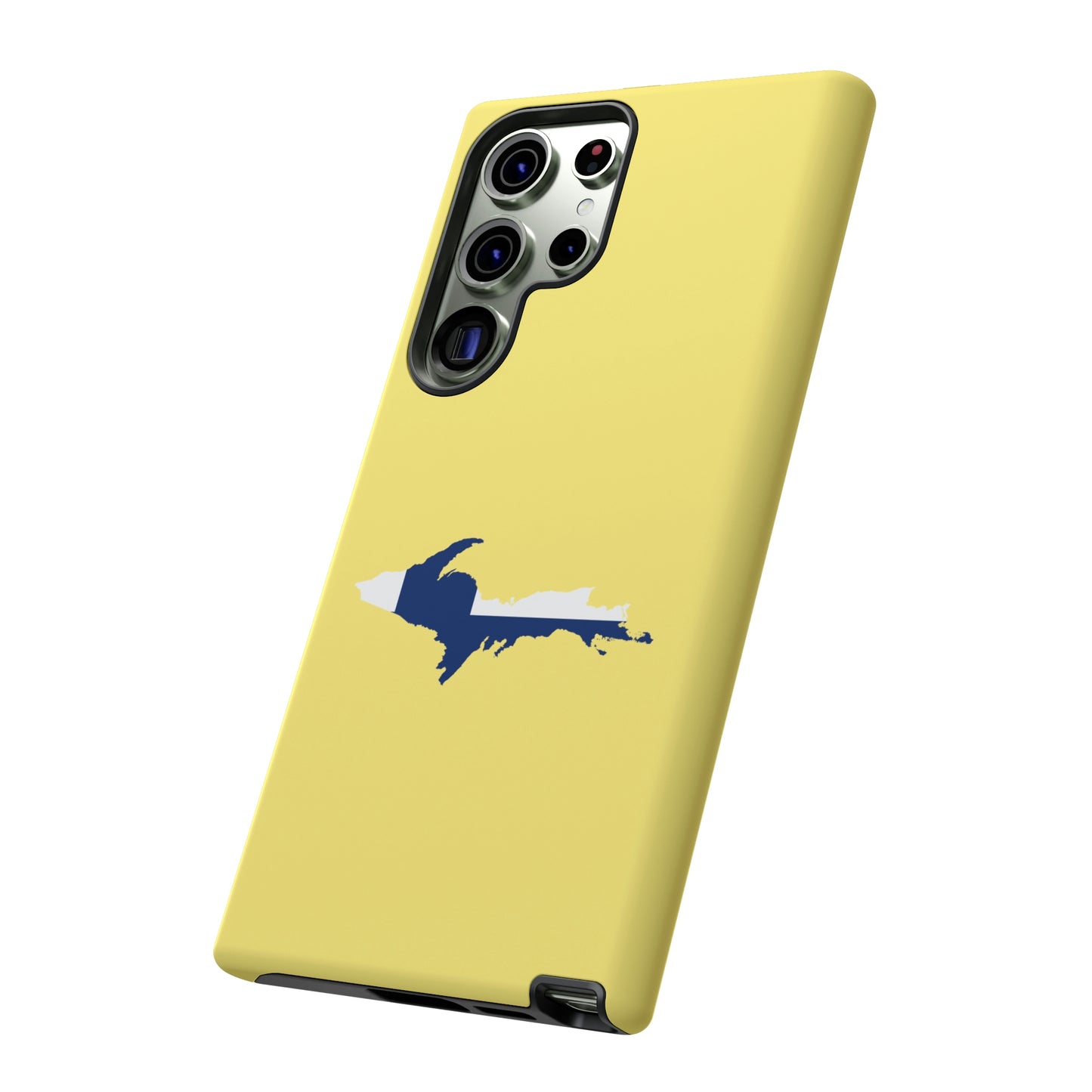 Michigan Upper Peninsula Tough Phone Case (Yellow Cherry Color w/ UP Finland Flag Outline) | Samsung & Pixel Android