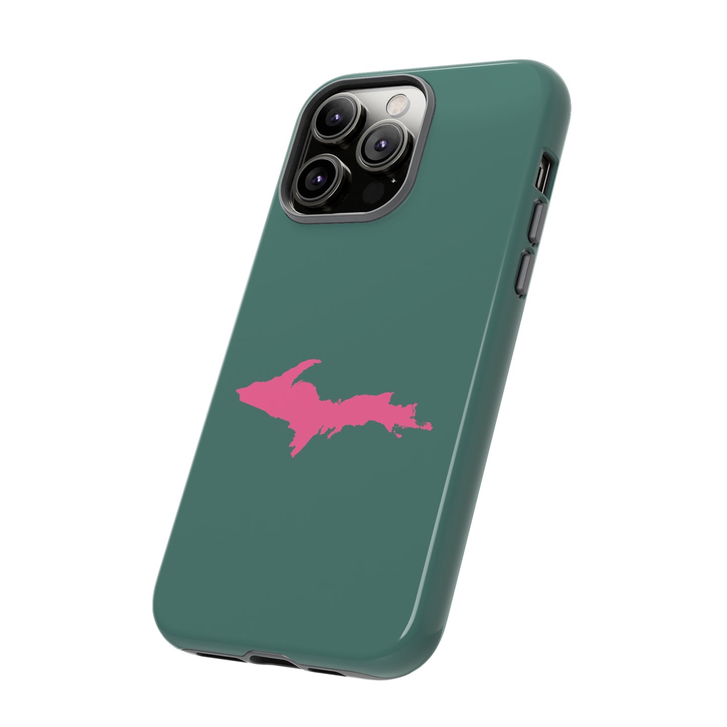 Michigan Upper Peninsula Tough Phone Case (Copper Green w/ Pink UP Outline) | Apple iPhone