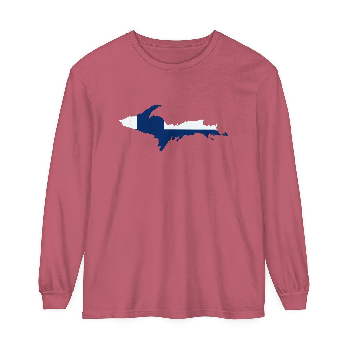 Michigan Upper Peninsula Garment-Dyed T-Shirt (w/ UP Finland Flag Outline) | Unisex Long Sleeve