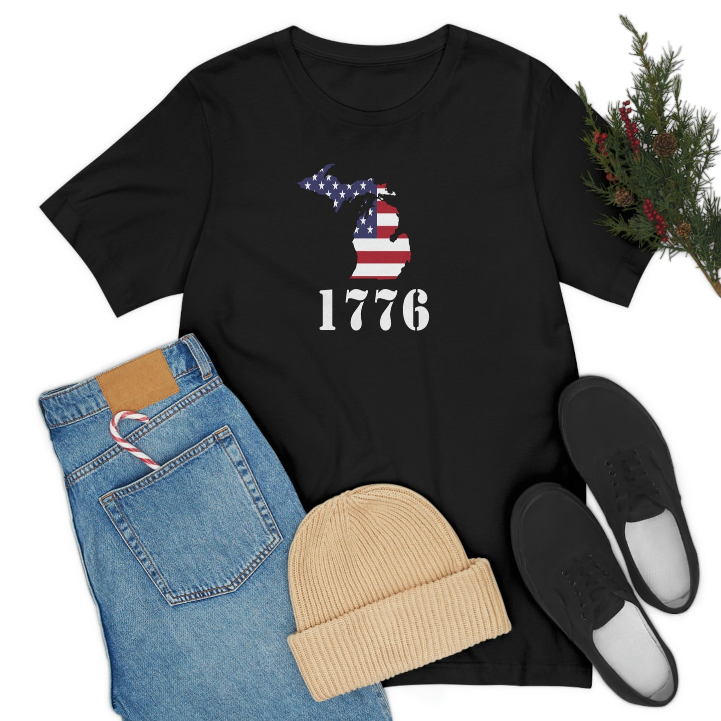 Michigan '1776' T-Shirt (Army Stencil Font w/ MI USA Flag Outline) | Unisex Standard Fit