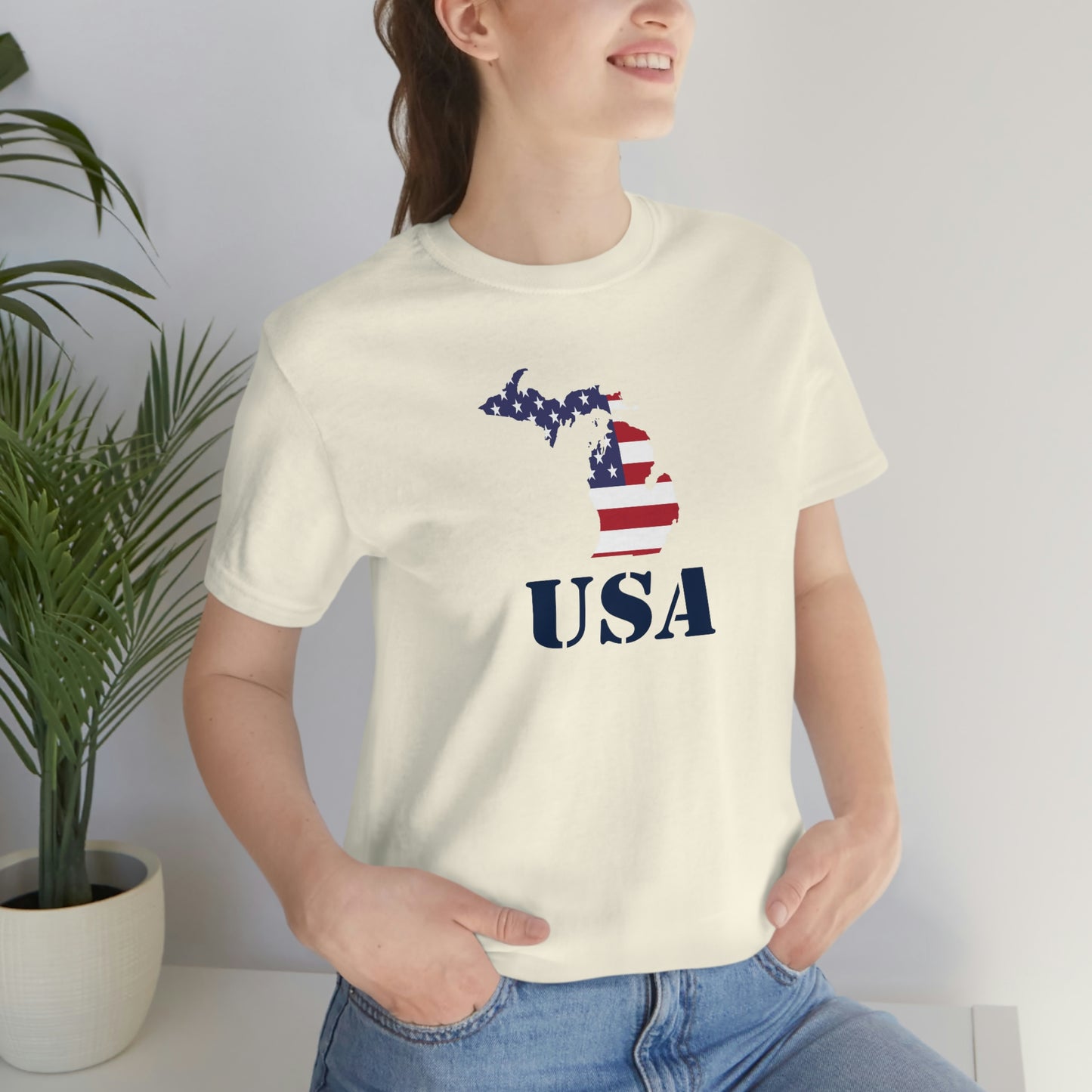 Michigan 'USA' T-Shirt (Army Stencil Font w/ MI USA Flag Outline) | Unisex Standard Fit