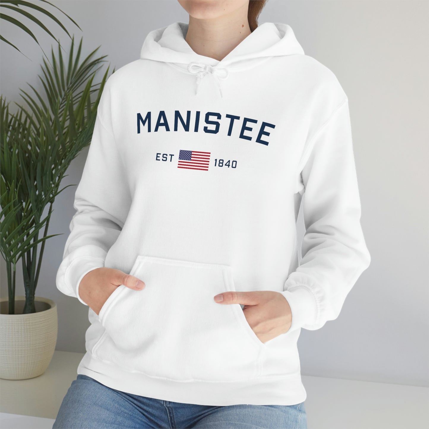 'Manistee EST 1840' Hoodie (w/USA Flag Outline) | Unisex Standard