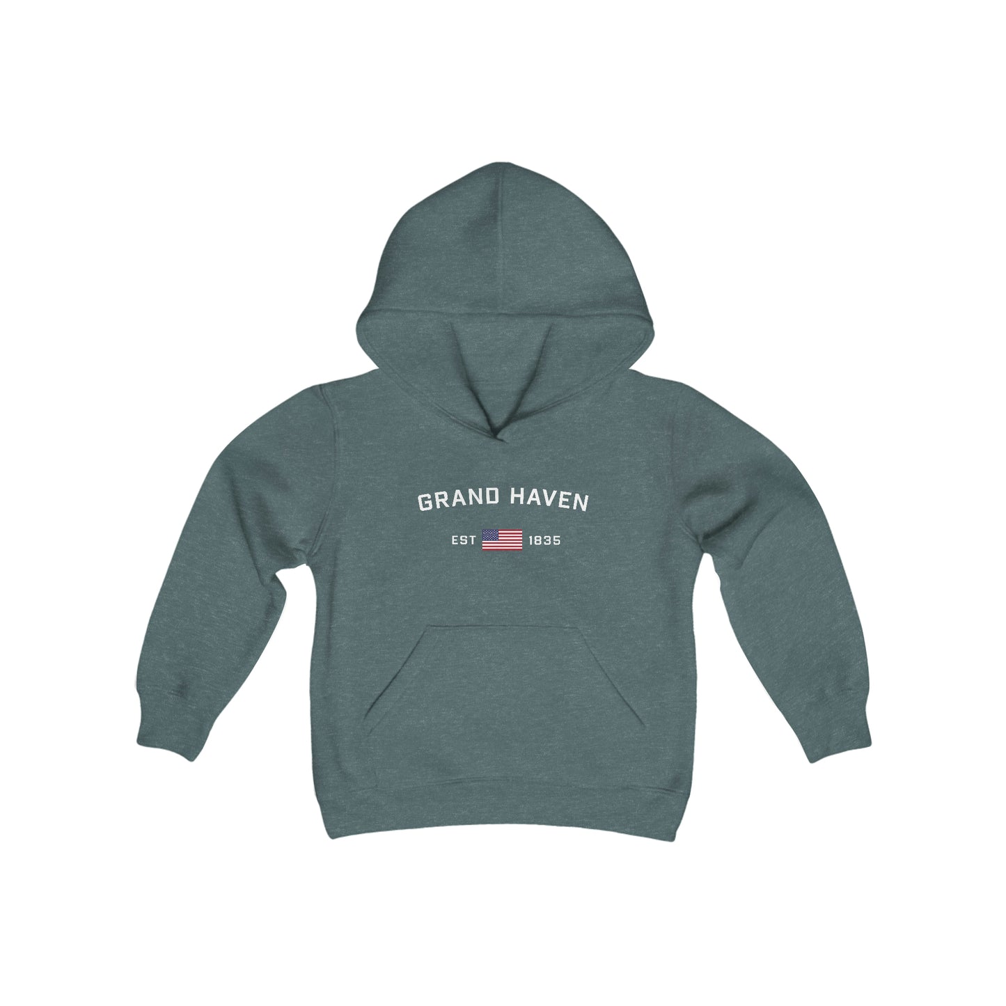 'Grand Haven EST 1835' Hoodie (w/USA Flag Outline) | Unisex Youth