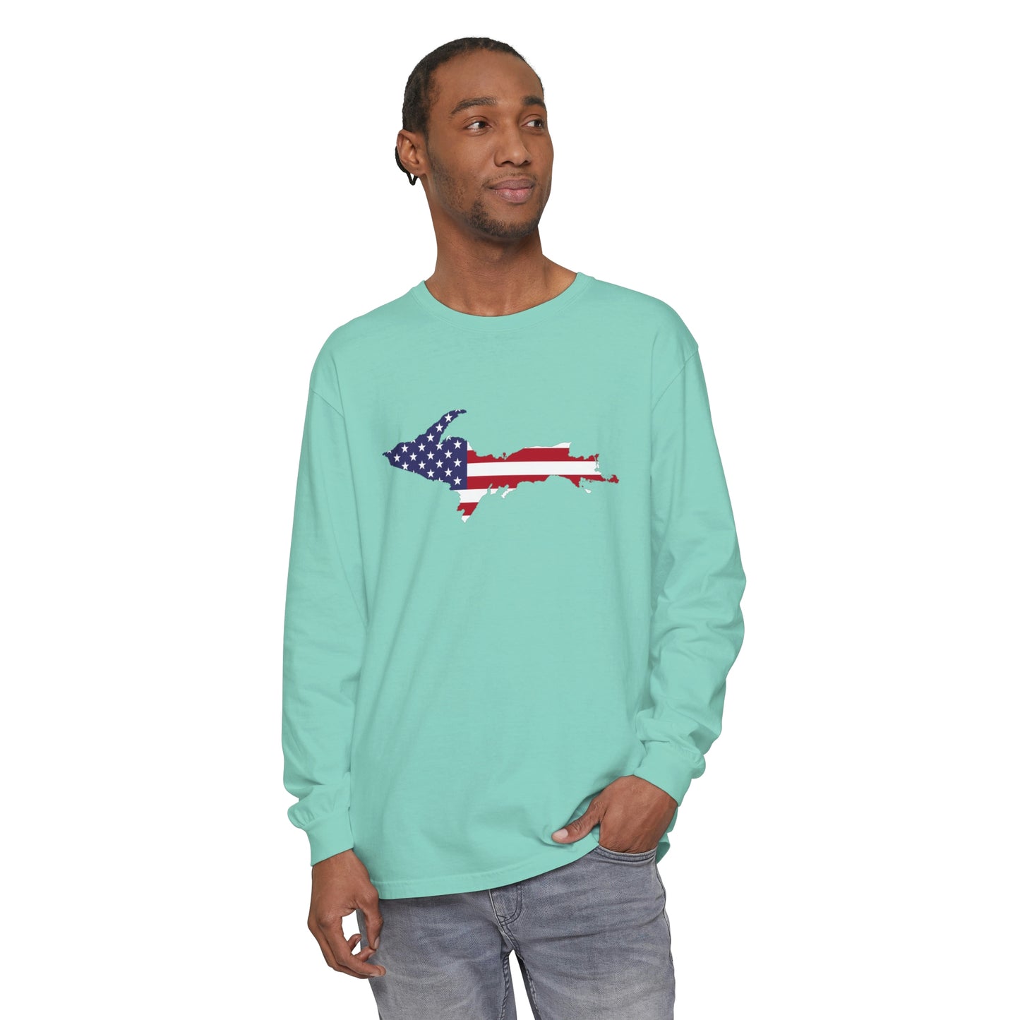 Michigan Upper Peninsula Garment-Dyed T-Shirt (w/ UP USA Flag Outline) | Unisex Long Sleeve