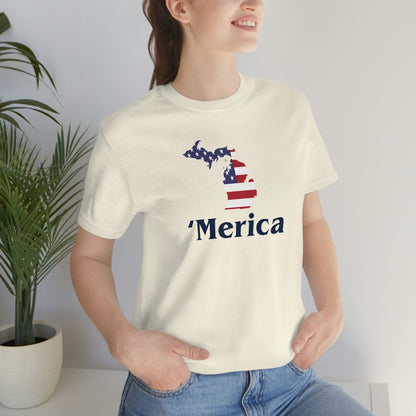 Michigan 'Merica' T-Shirt (1980s Font w/ MI USA Flag Outline) | Unisex Standard Fit