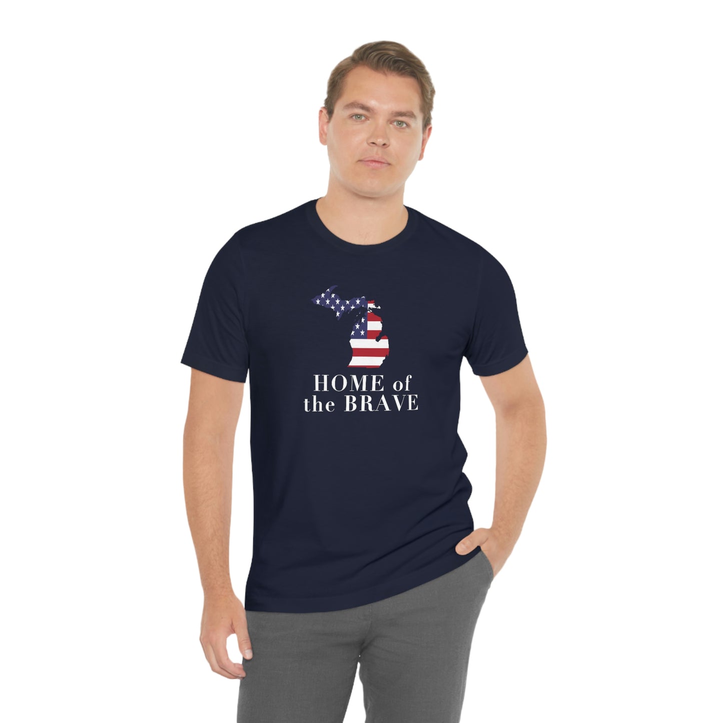 Michigan 'Home of the Brave' T-Shirt (Didone Font w/ MI USA Outline) | Unisex Standard Fit