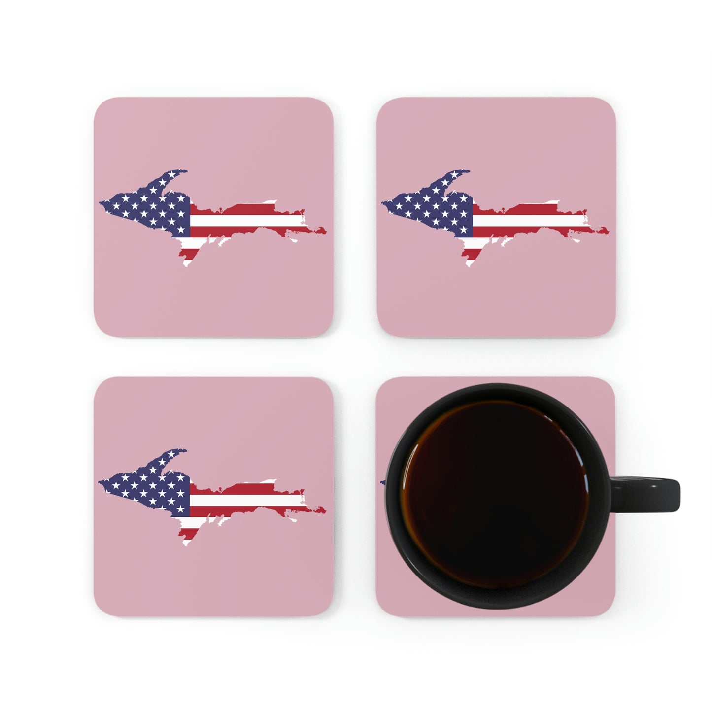 Michigan Upper Peninsula Coaster Set (Pink w/ UP USA Flag Outline) | Corkwood - 4 pack