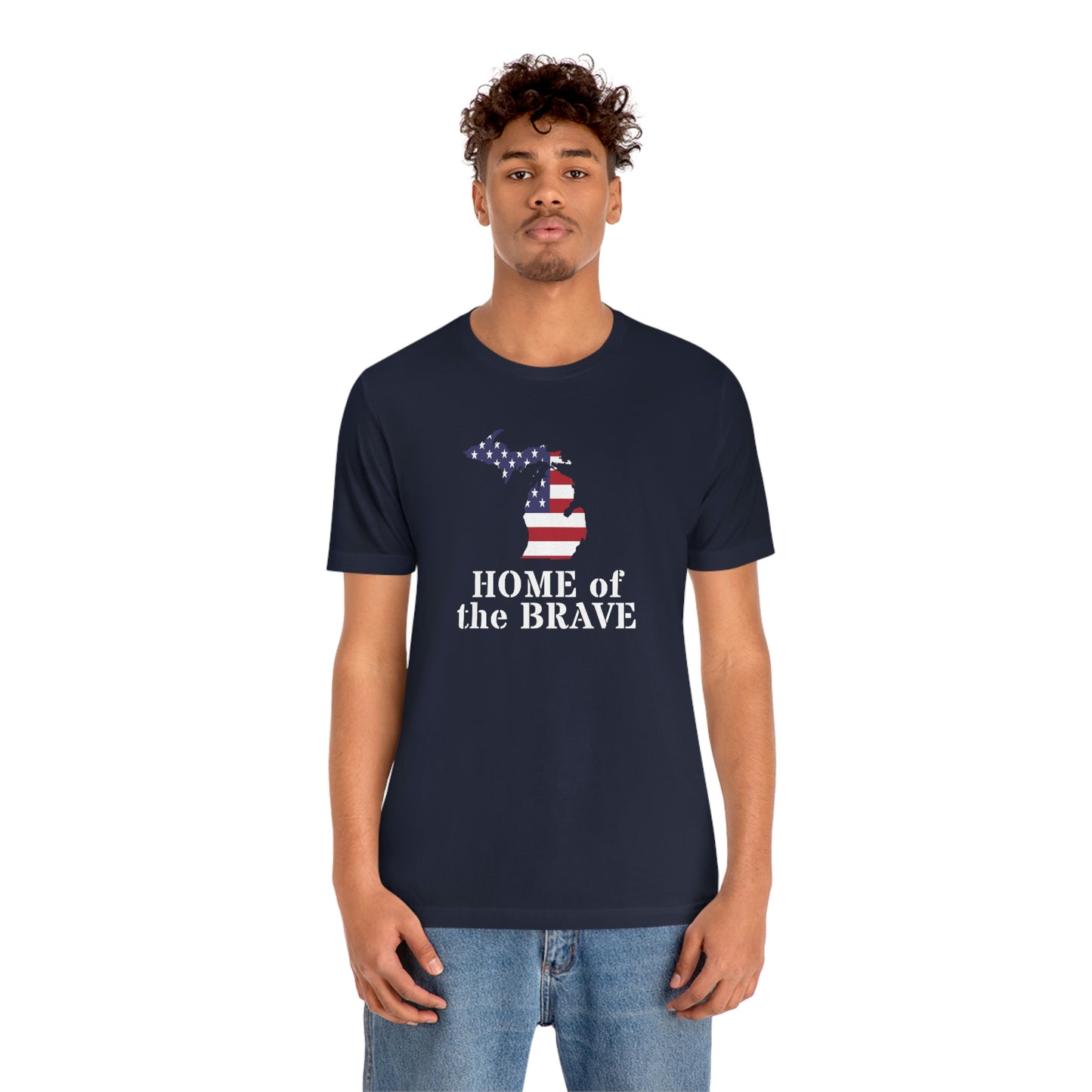 Michigan 'Home of the Brave' T-Shirt (Army Stencil Font w/ MI USA Outline) | Unisex Standard Fit