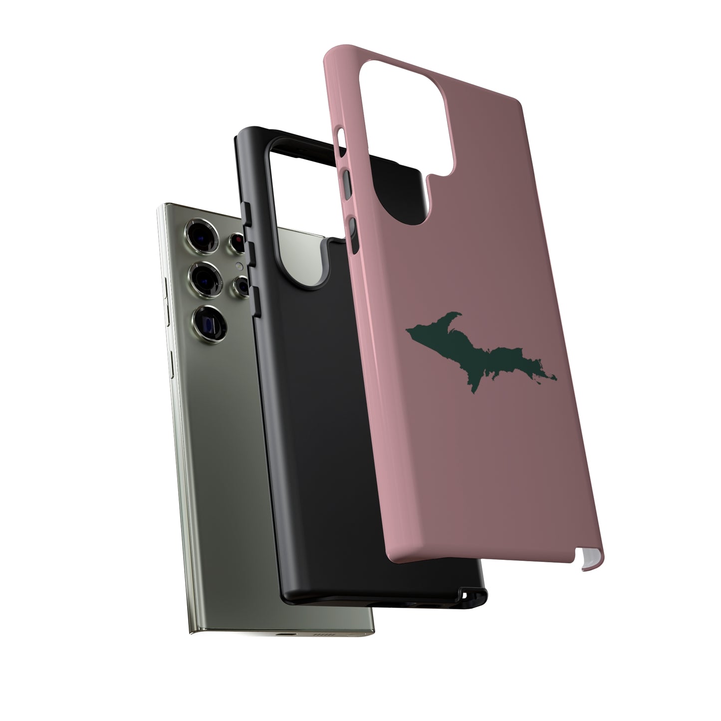 Michigan Upper Peninsula Tough Phone Case (Cherry Blossom Pink w/ Green UP Outline) | Samsung & Pixel Android