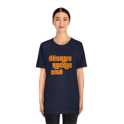 'Détroit Rocque Cité' T-Shirt (Orange Automotive Crime Parody) | Unisex Standard Fit