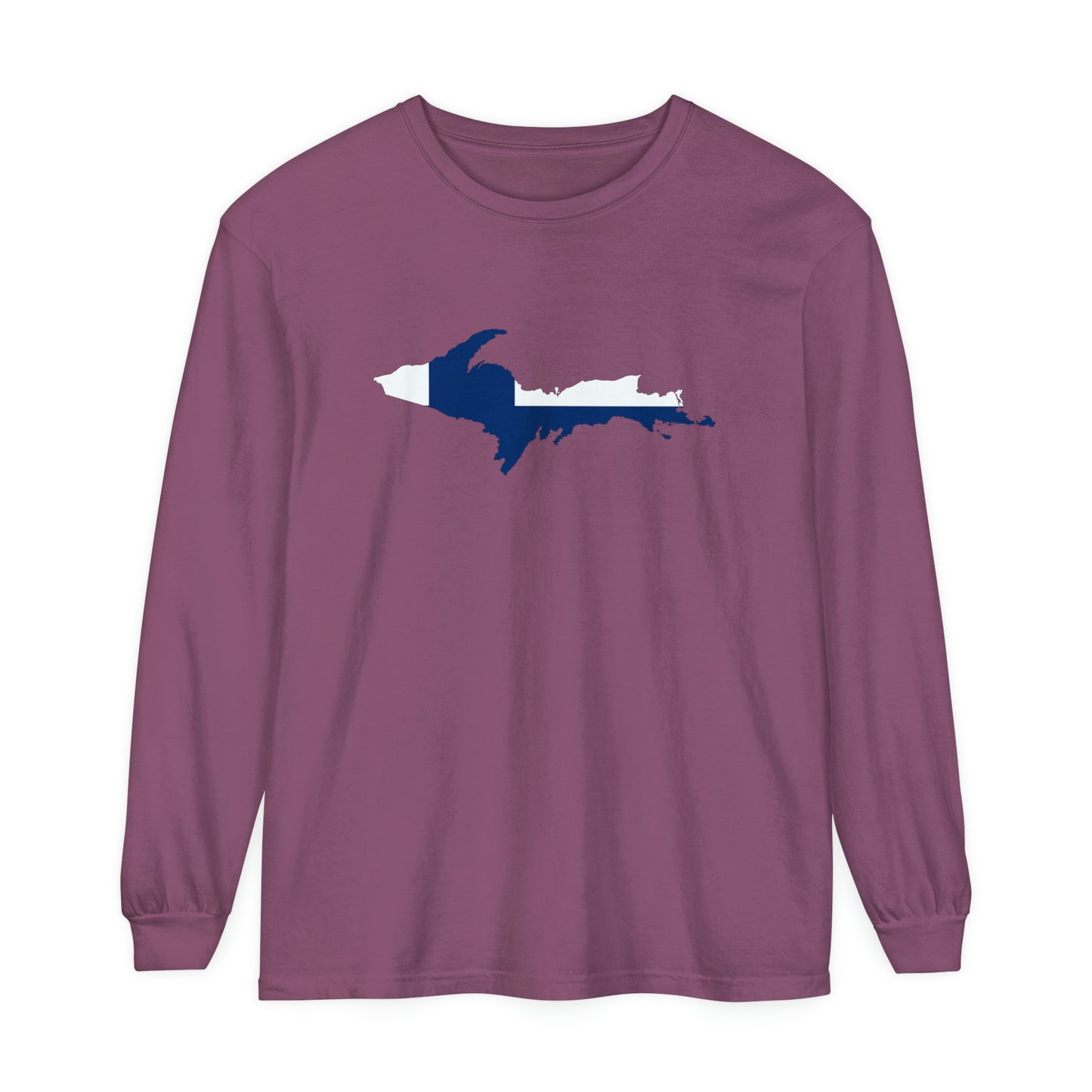 Michigan Upper Peninsula Garment-Dyed T-Shirt (w/ UP Finland Flag Outline) | Unisex Long Sleeve