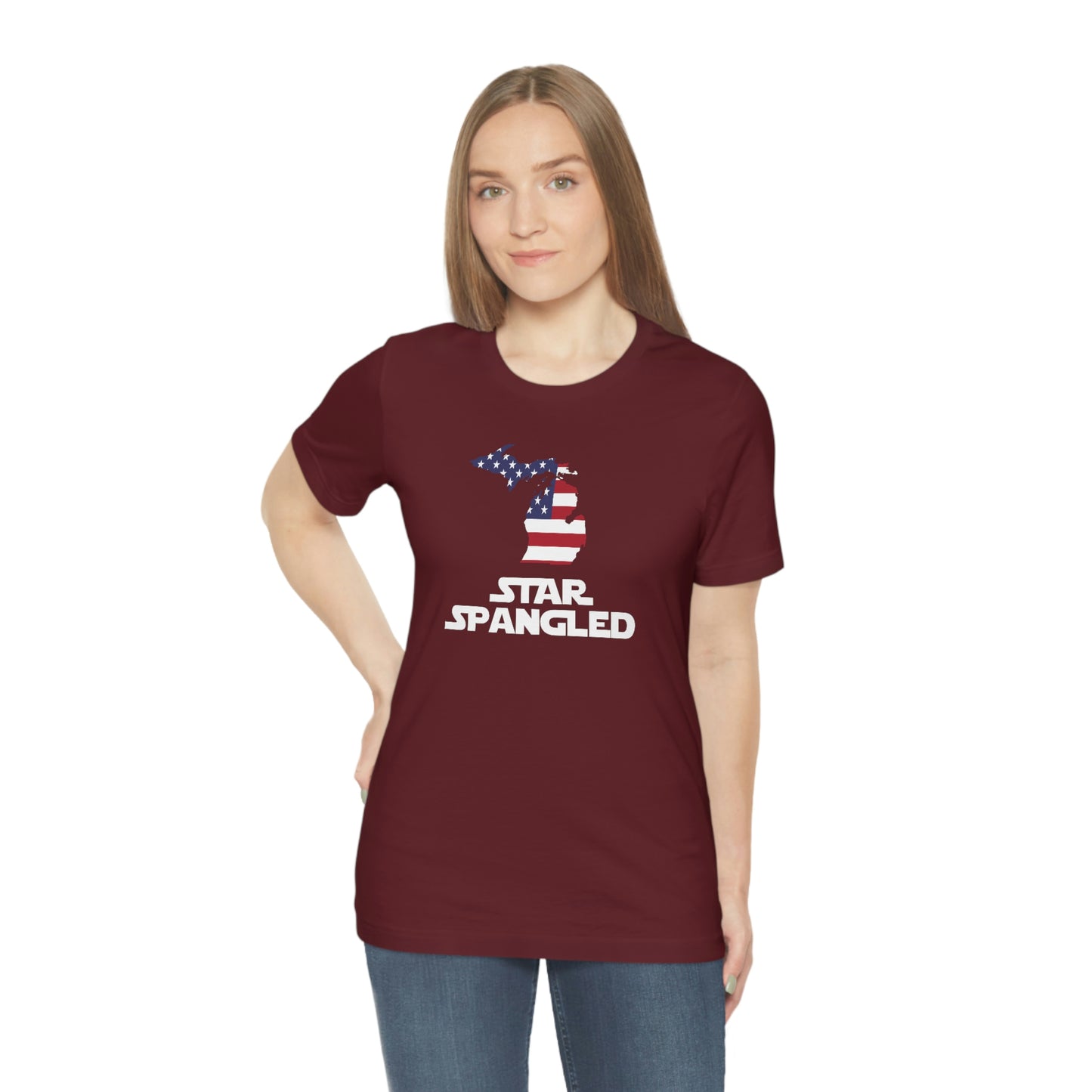 Michigan 'Star Spangled' T-Shirt (Epic Sci Fi Font w/ MI USA Flag Outline) | Unisex Standard Fit