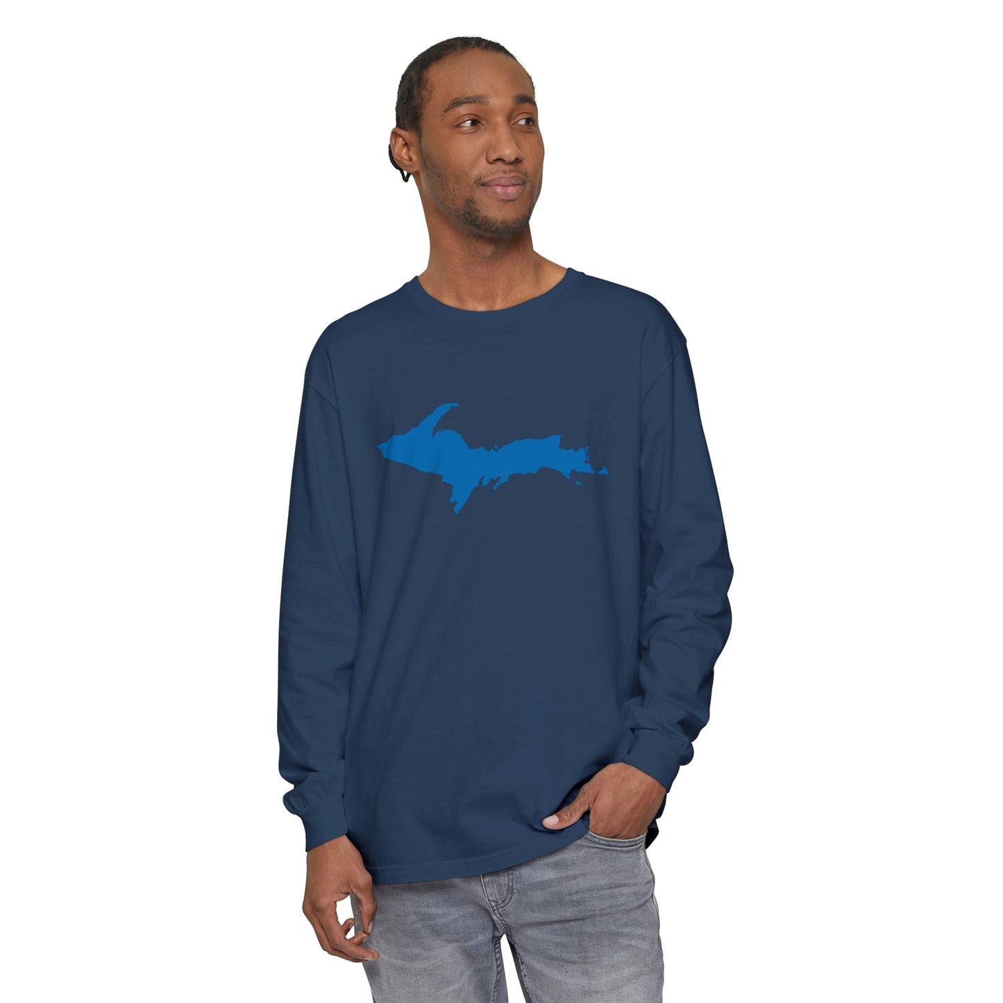 Michigan Upper Peninsula Garment-Dyed T-Shirt (w/ Azure UP Outline) | Unisex Long Sleeve