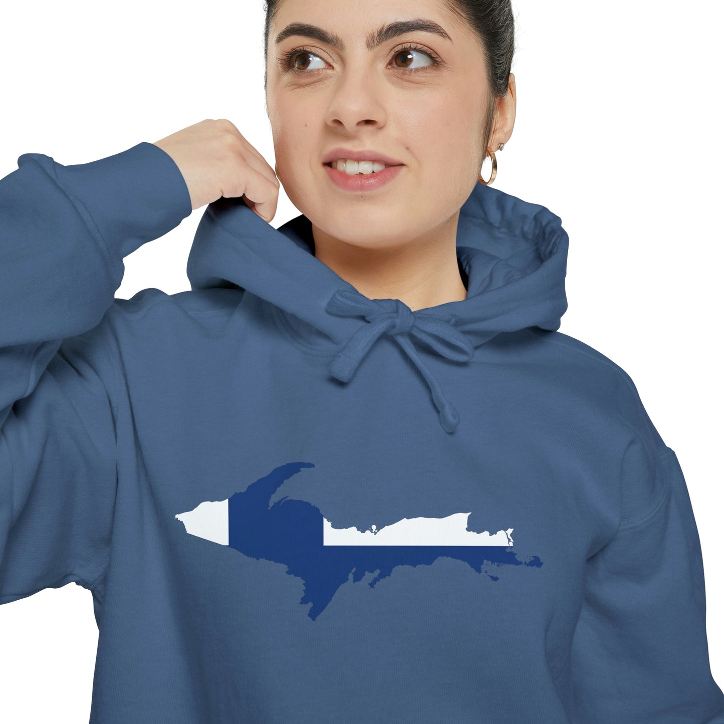 Michigan Upper Peninsula Hoodie (w/ UP Finland Flag Outline) | Unisex Garment-Dyed