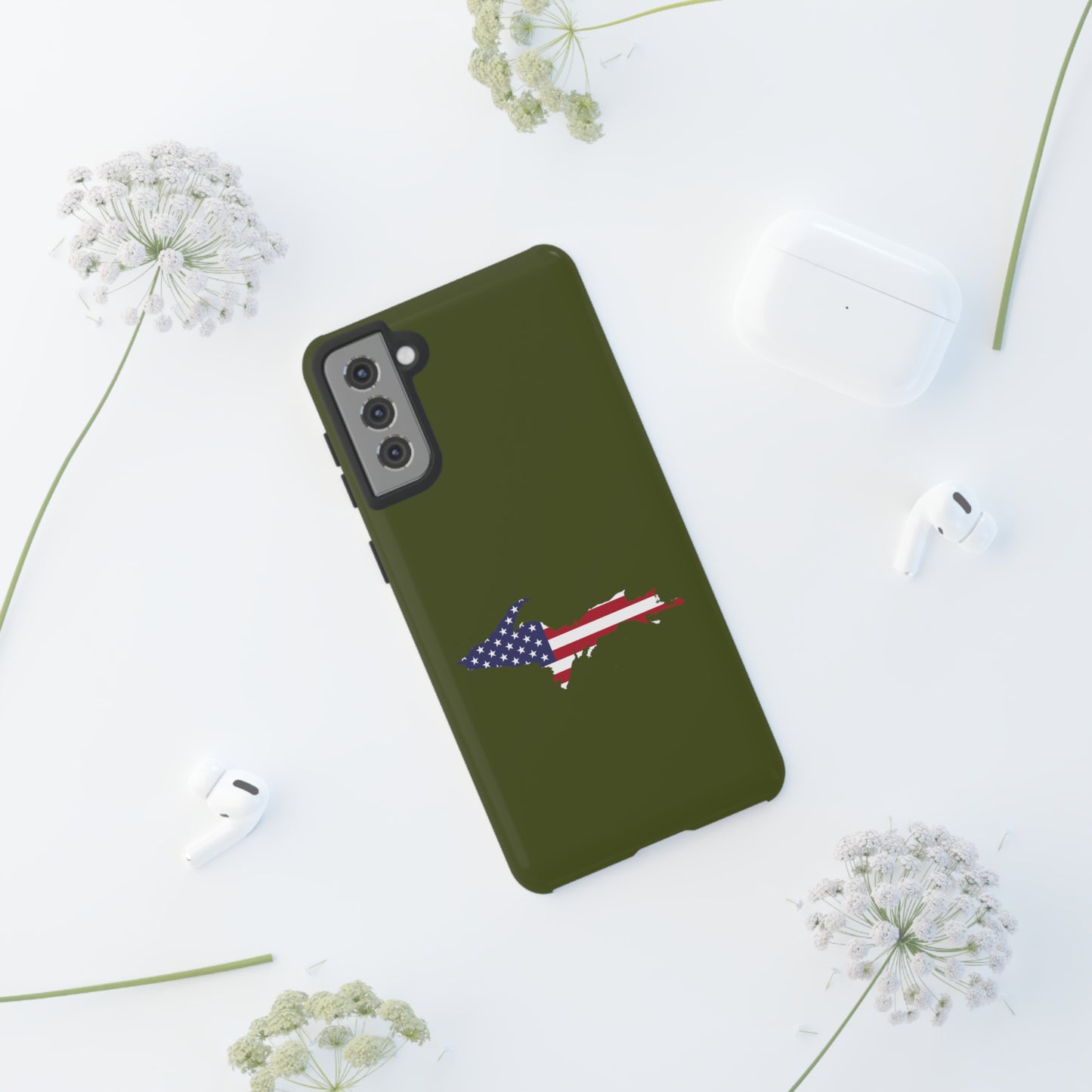 Michigan Upper Peninsula Tough Phone Case (Army Green w/ UP USA Flag Outline) | Samsung & Pixel Android