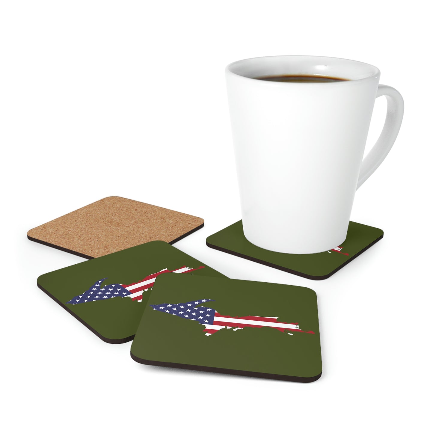 Michigan Upper Peninsula Coaster Set (Army Green w/ UP USA Flag Outline) | Corkwood - 4 pack