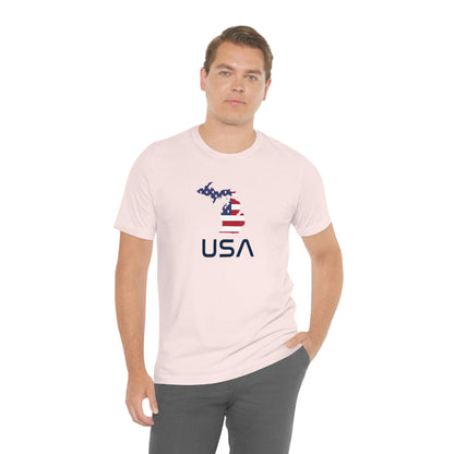 Michigan 'USA' T-Shirt (Space Agency Font w/ MI USA Flag Outline) | Unisex Standard Fit