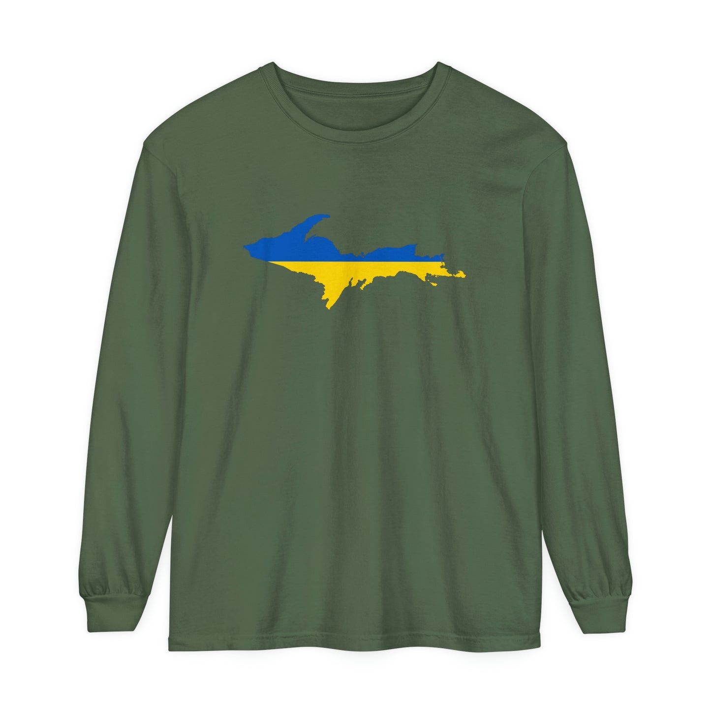 Michigan Upper Peninsula Garment-Dyed T-Shirt (w/ UP Ukraine Flag Outline) | Unisex Long Sleeve