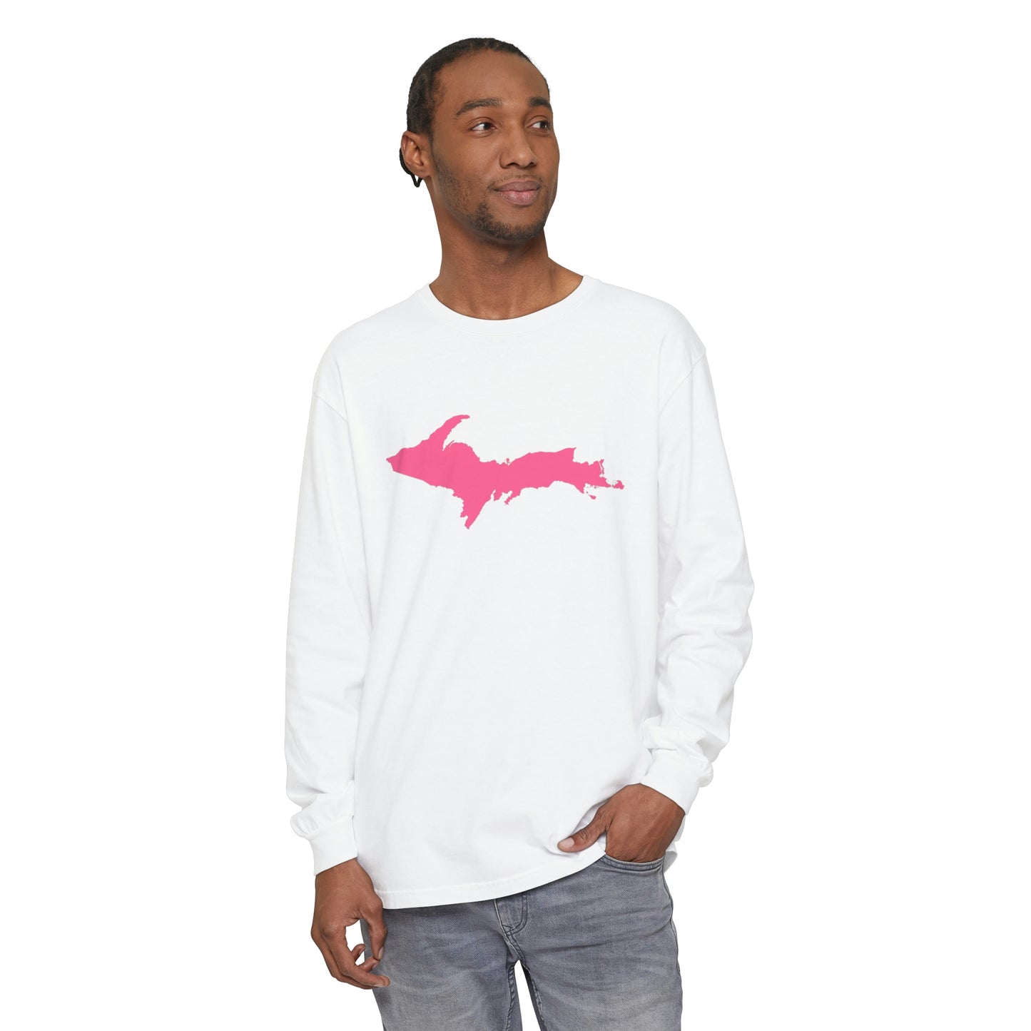 Michigan Upper Peninsula Garment-Dyed T-Shirt (w/ Pink UP Outline) | Unisex Long Sleeve