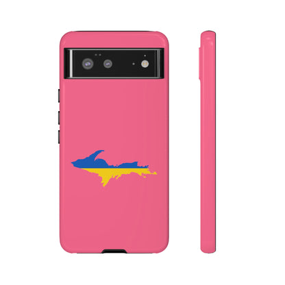 Michigan Upper Peninsula Tough Phone Case (Rhodochrosite Pink w/ UP Ukraine Flag Outline) | Samsung & Pixel Android