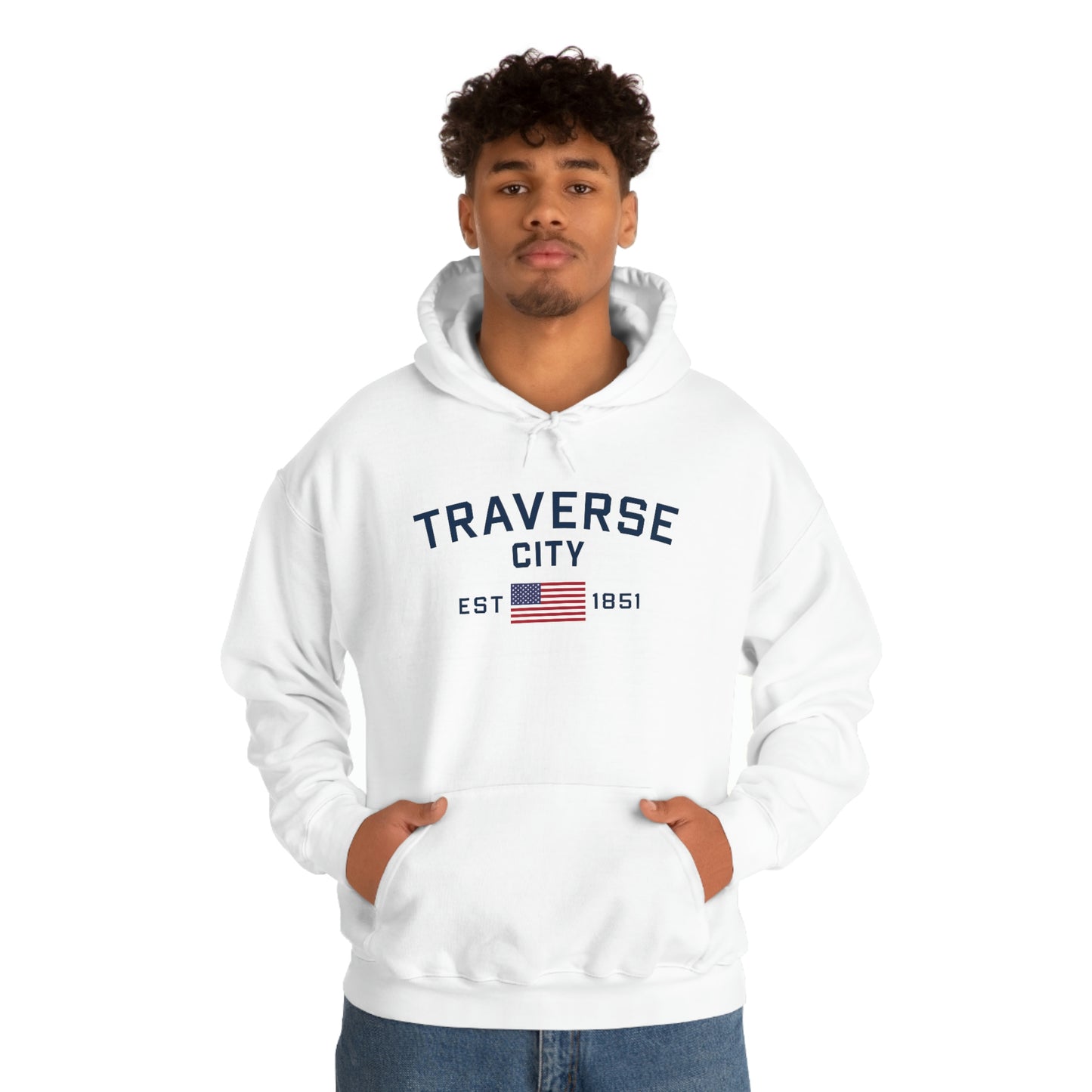 'Traverse City EST 1851' Hoodie (w/USA Flag Outline) | Unisex Standard