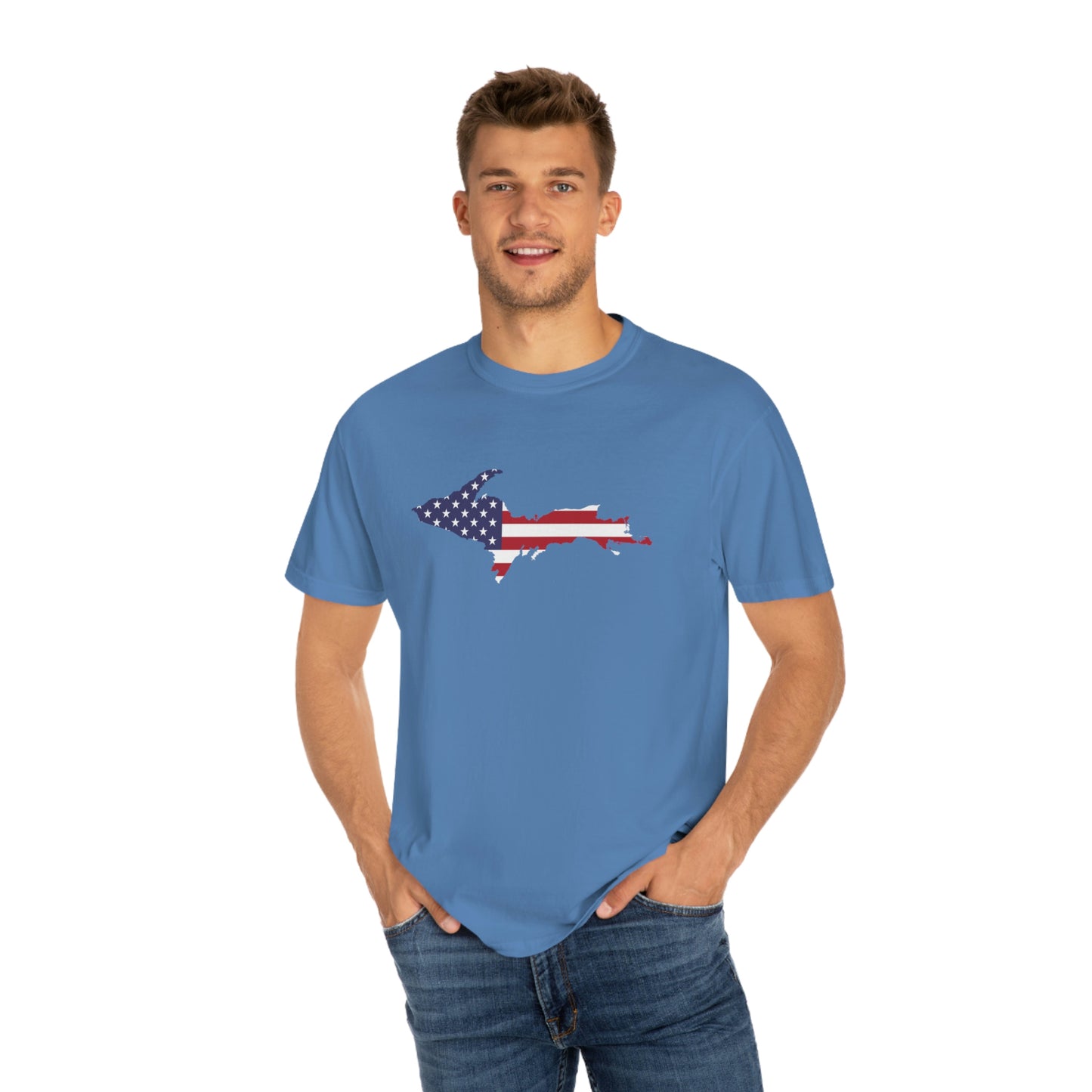 Michigan Upper Peninsula T-Shirt (w/ UP USA Flag Outline) | Unisex Garment-Dyed