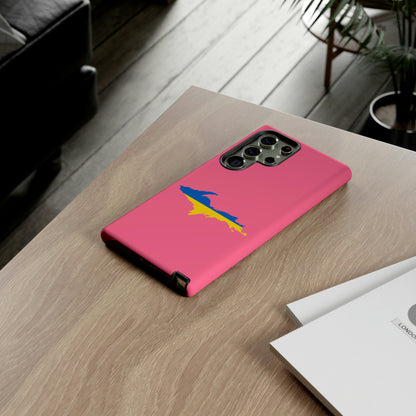 Michigan Upper Peninsula Tough Phone Case (Rhodochrosite Pink w/ UP Ukraine Flag Outline) | Samsung & Pixel Android