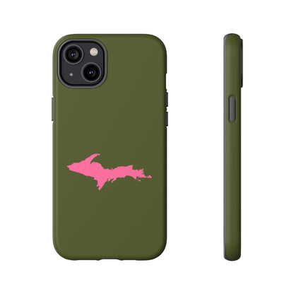 Michigan Upper Peninsula Tough Phone Case (Army Green w/ Pink UP Outline) | Apple iPhone