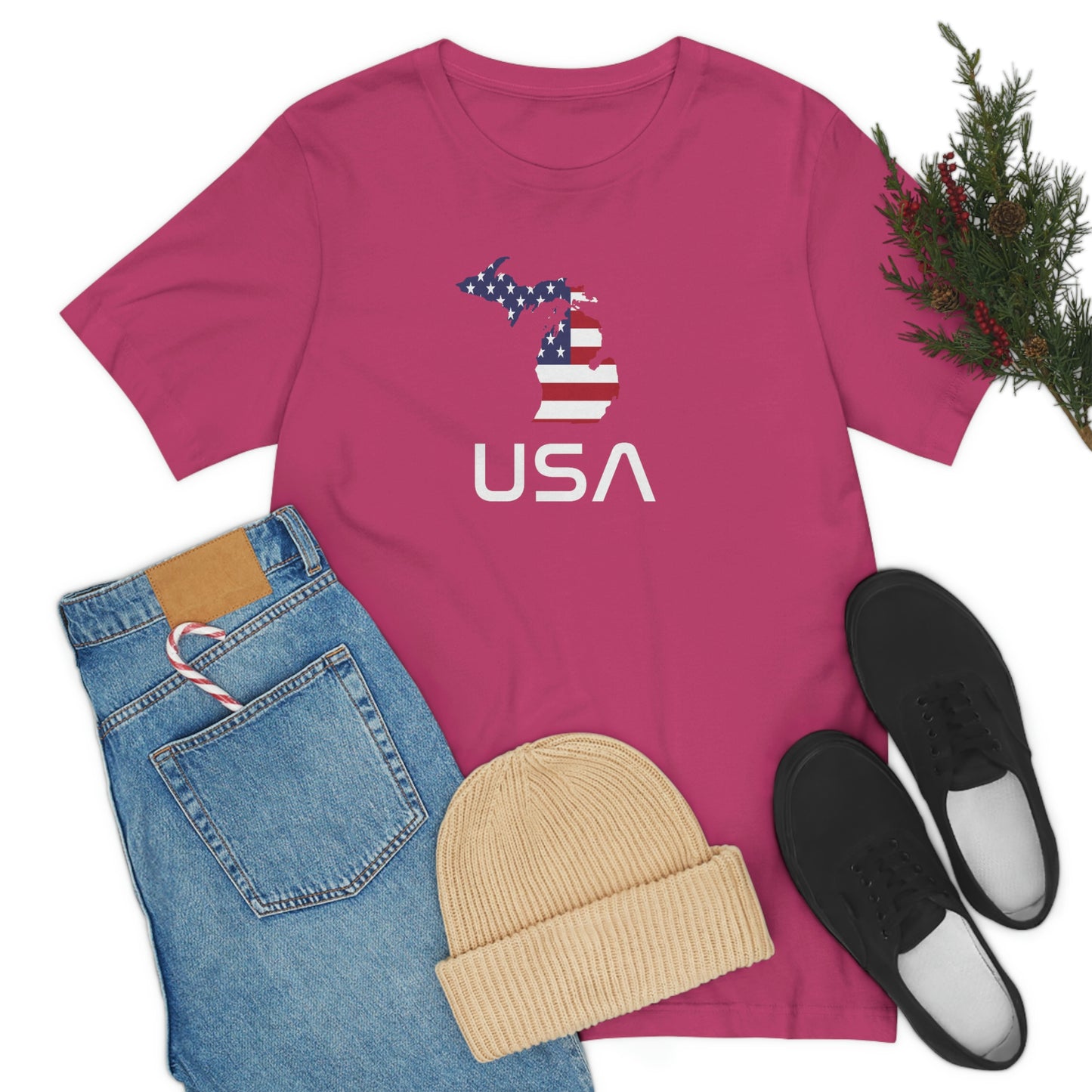 Michigan 'USA' T-Shirt (Space Agency Font w/ MI USA Flag Outline) | Unisex Standard Fit