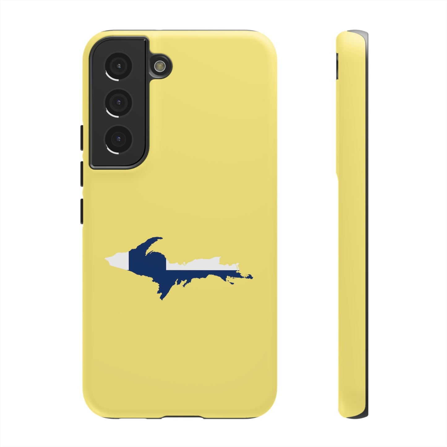 Michigan Upper Peninsula Tough Phone Case (Yellow Cherry Color w/ UP Finland Flag Outline) | Samsung & Pixel Android