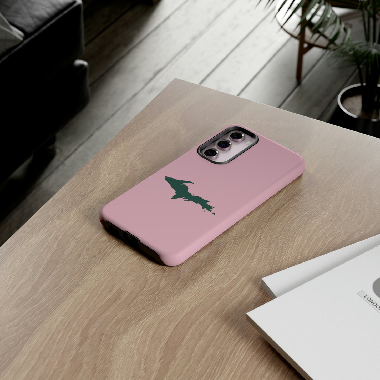 Michigan Upper Peninsula Tough Phone Case (Pink w/ Green UP Outline) | Samsung & Pixel Android