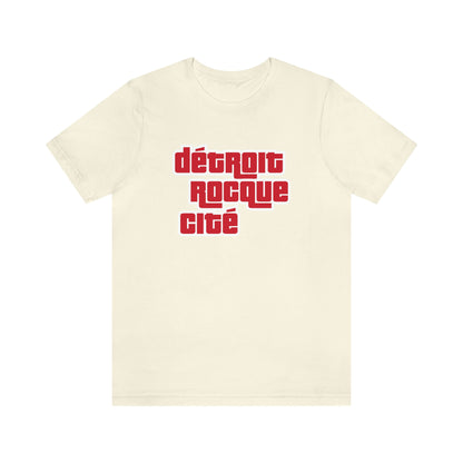 'Détroit Rocque Cité' T-Shirt (Red/White Automotive Crime Parody) | Unisex Standard Fit