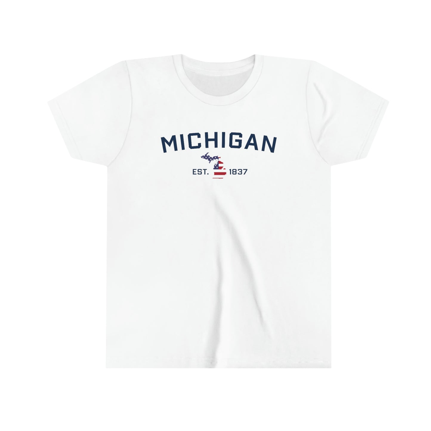 'Michigan EST 1837' T-Shirt (w/ MI USA Flag Outline) | Youth Short Sleeve