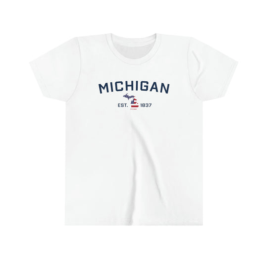 'Michigan EST 1837' T-Shirt (w/ MI USA Flag Outline) | Youth Short Sleeve