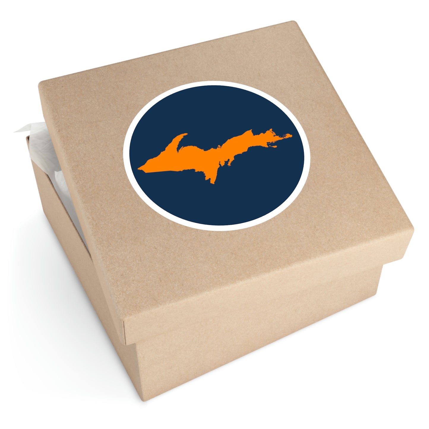 Michigan Upper Peninsula Round Stickers (Navy w/ Orange UP Outline) | Indoor\Outdoor