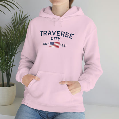 'Traverse City EST 1851' Hoodie (w/USA Flag Outline) | Unisex Standard