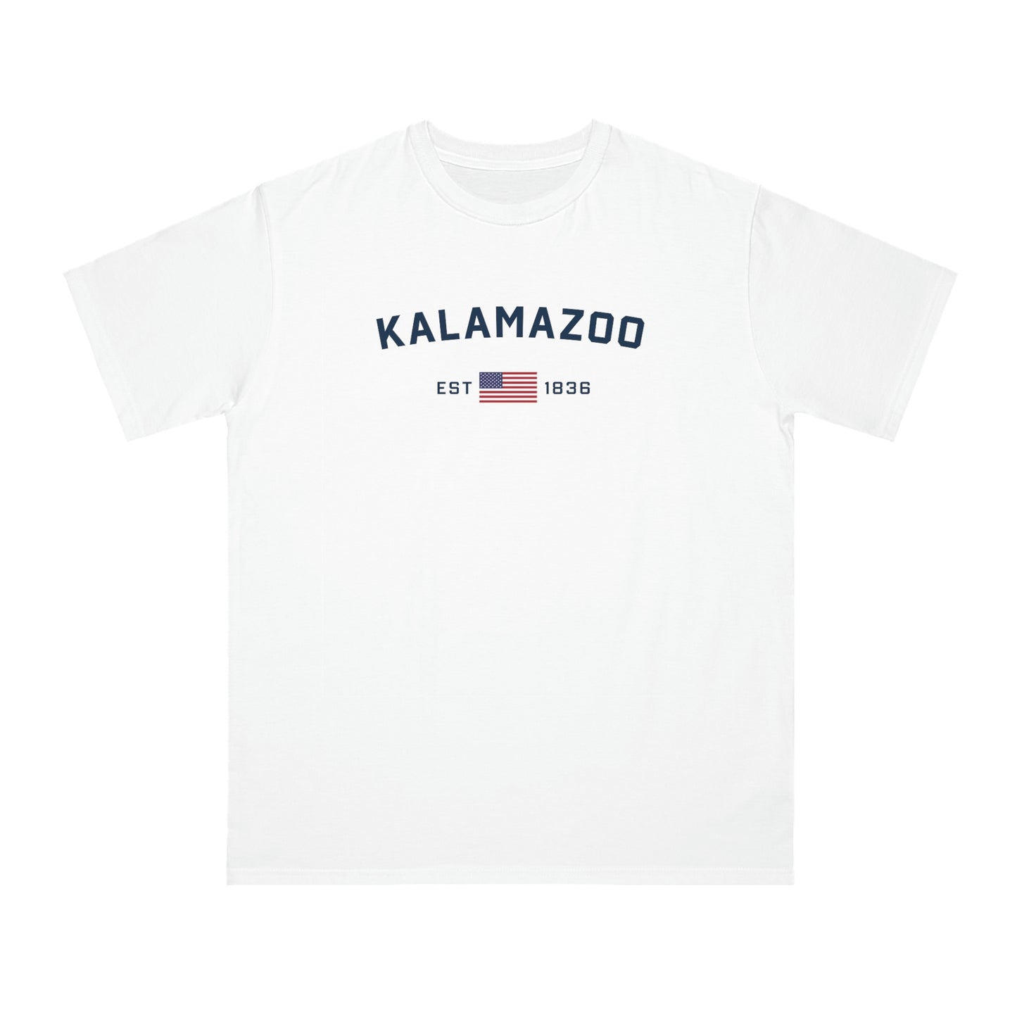 'Kalamazoo EST 1836' T-Shirt (w/ USA Flag Outline) | Organic Unisex