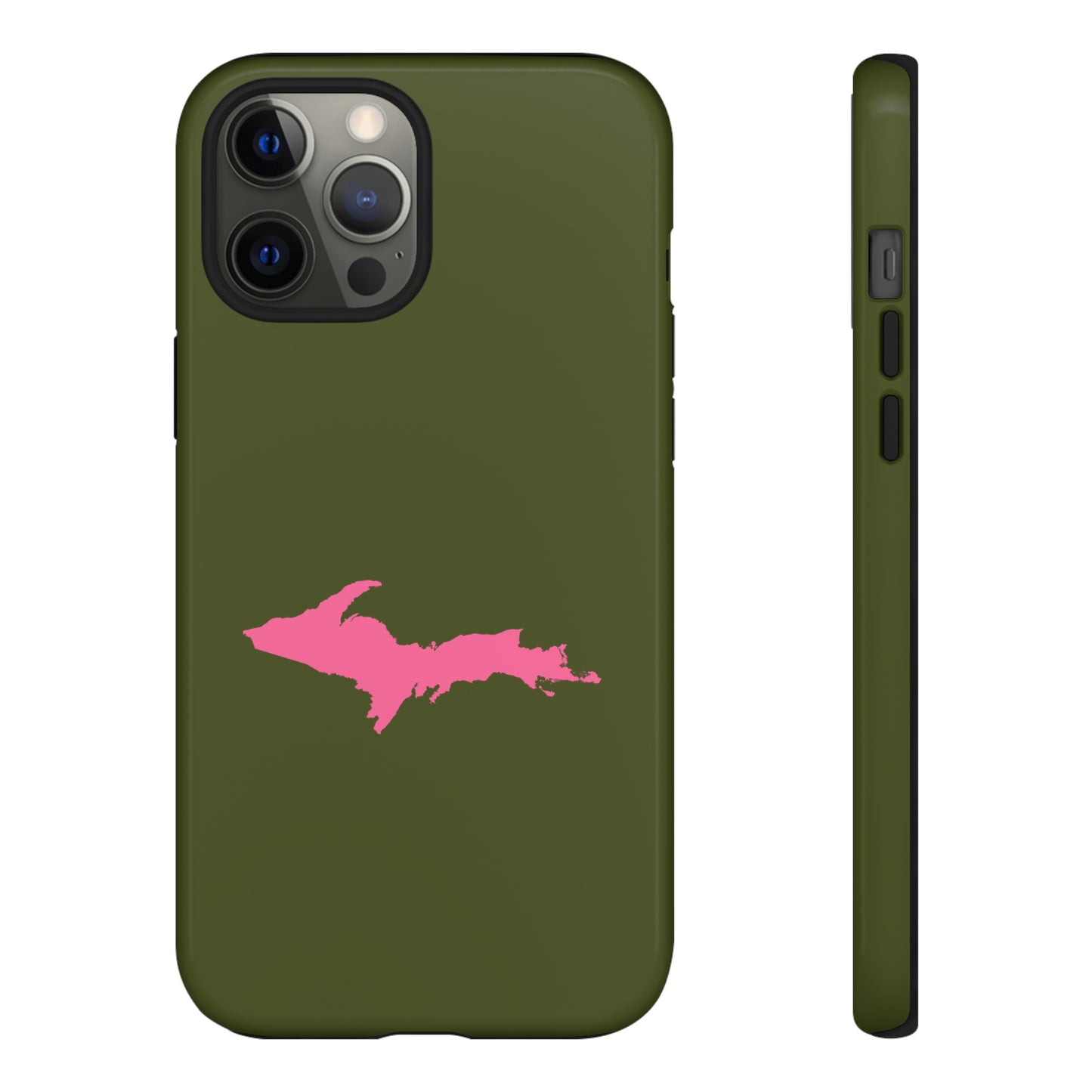 Michigan Upper Peninsula Tough Phone Case (Army Green w/ Pink UP Outline) | Apple iPhone