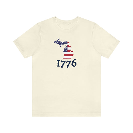Michigan '1776' T-Shirt (Woodcut Font w/ MI USA Flag Outline) | Unisex Standard Fit