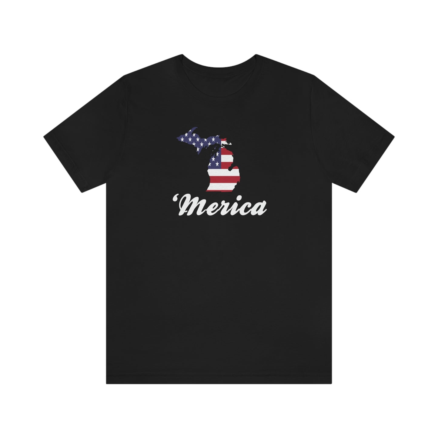 Michigan 'Merica' T-Shirt (Script Font w/ MI USA Flag Outline) | Unisex Standard Fit