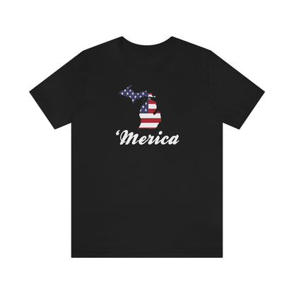 Michigan 'Merica' T-Shirt (Script Font w/ MI USA Flag Outline) | Unisex Standard Fit