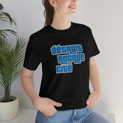 'Détroit Rocque Cité' T-Shirt (Azure/Grey Automotive Crime Parody) | Unisex Standard Fit