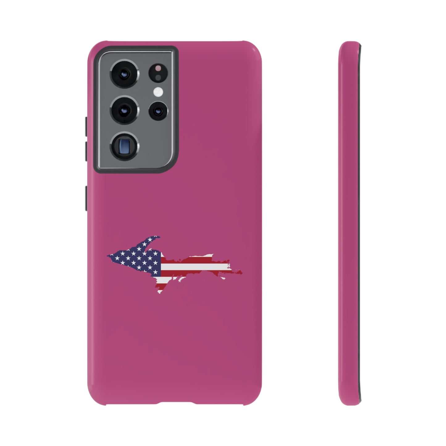 Michigan Upper Peninsula Tough Phone Case (Apple Blossom Pink w/ UP USA Flag Outline) | Samsung & Pixel Android