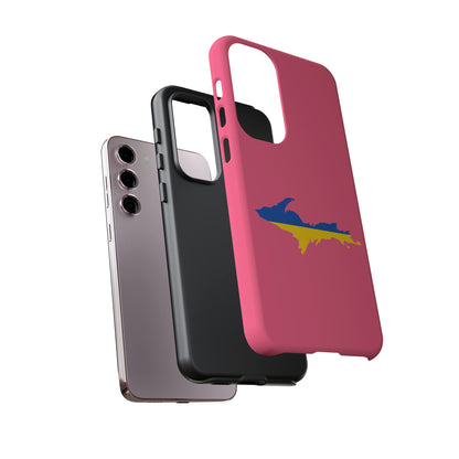 Michigan Upper Peninsula Tough Phone Case (Rhodochrosite Pink w/ UP Ukraine Flag Outline) | Samsung & Pixel Android