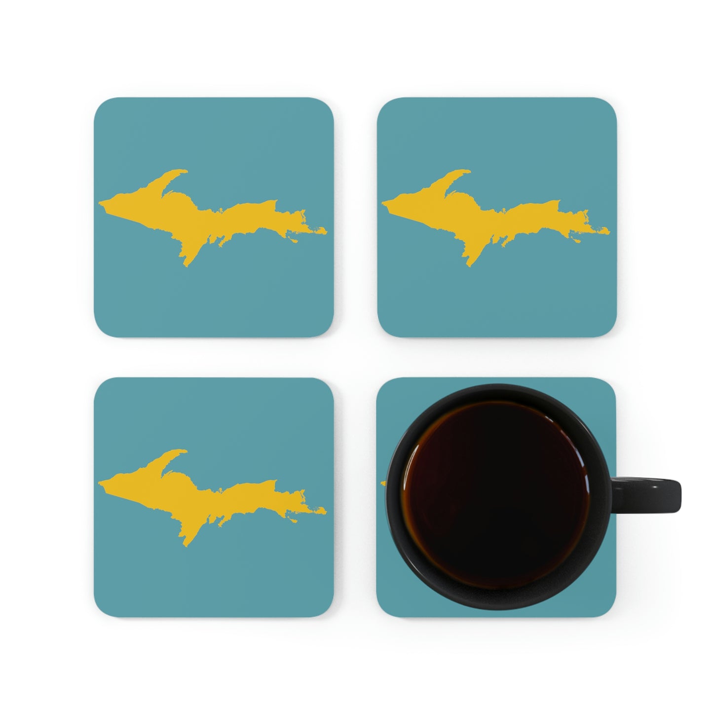 Michigan Upper Peninsula Coaster Set (Huron Blue w/ Gold UP Outline) | Corkwood - 4 pack