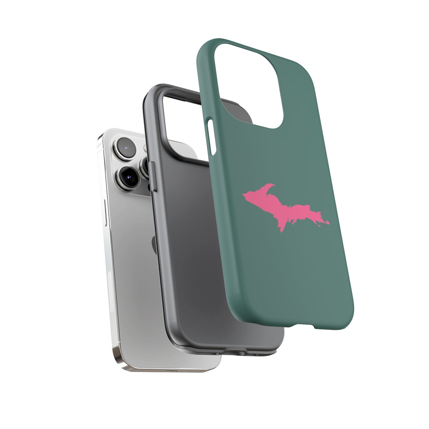 Michigan Upper Peninsula Tough Phone Case (Copper Green w/ Pink UP Outline) | Apple iPhone