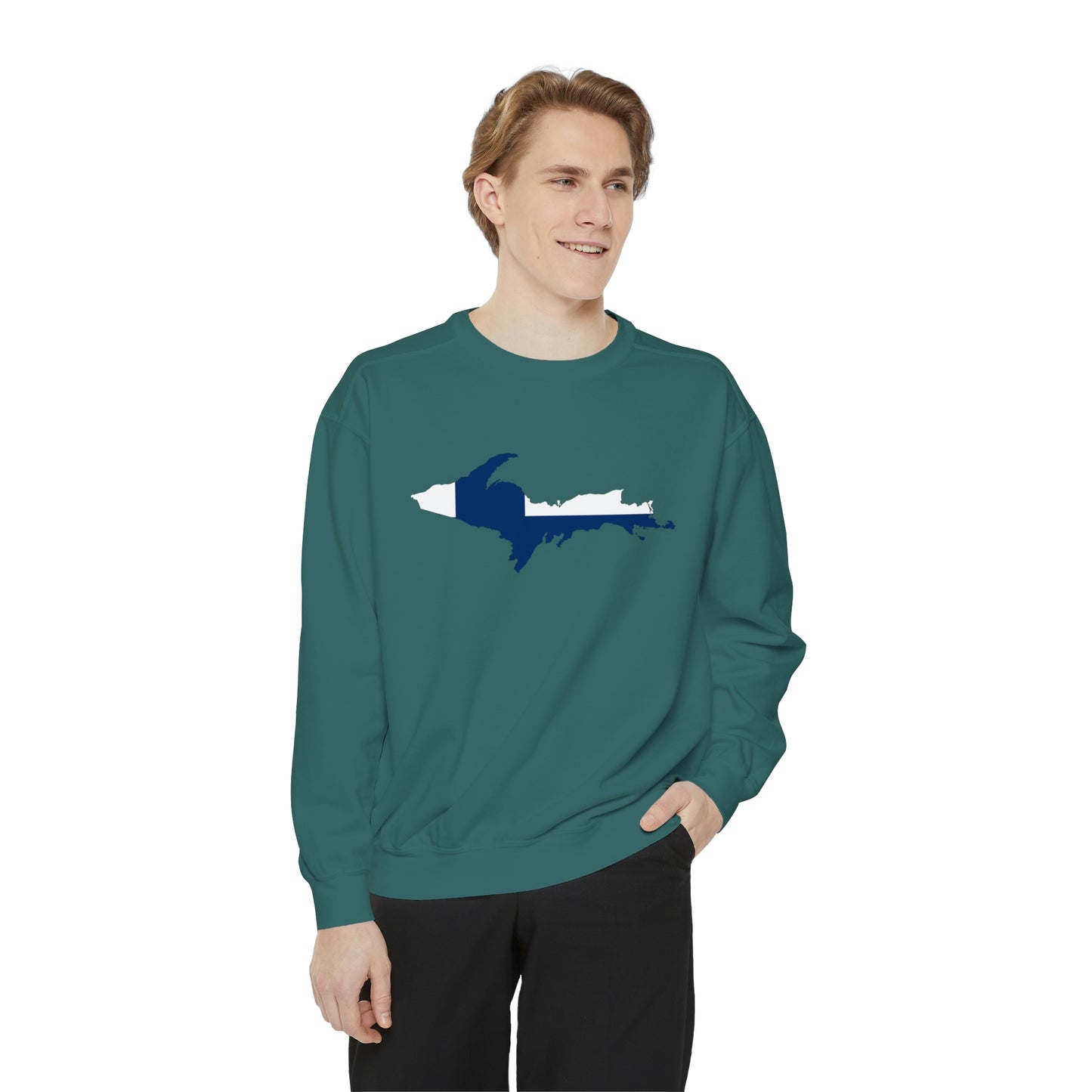 Michigan Upper Peninsula Sweatshirt (w/ UP Finland Flag Outline) | Unisex Garment Dyed