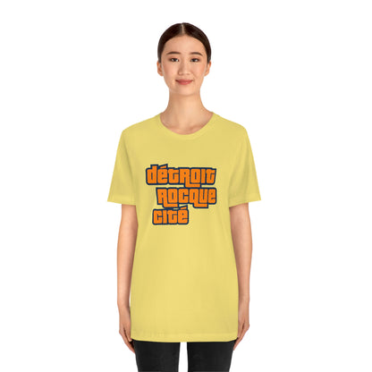 'Détroit Rocque Cité' T-Shirt (Orange Automotive Crime Parody) | Unisex Standard Fit