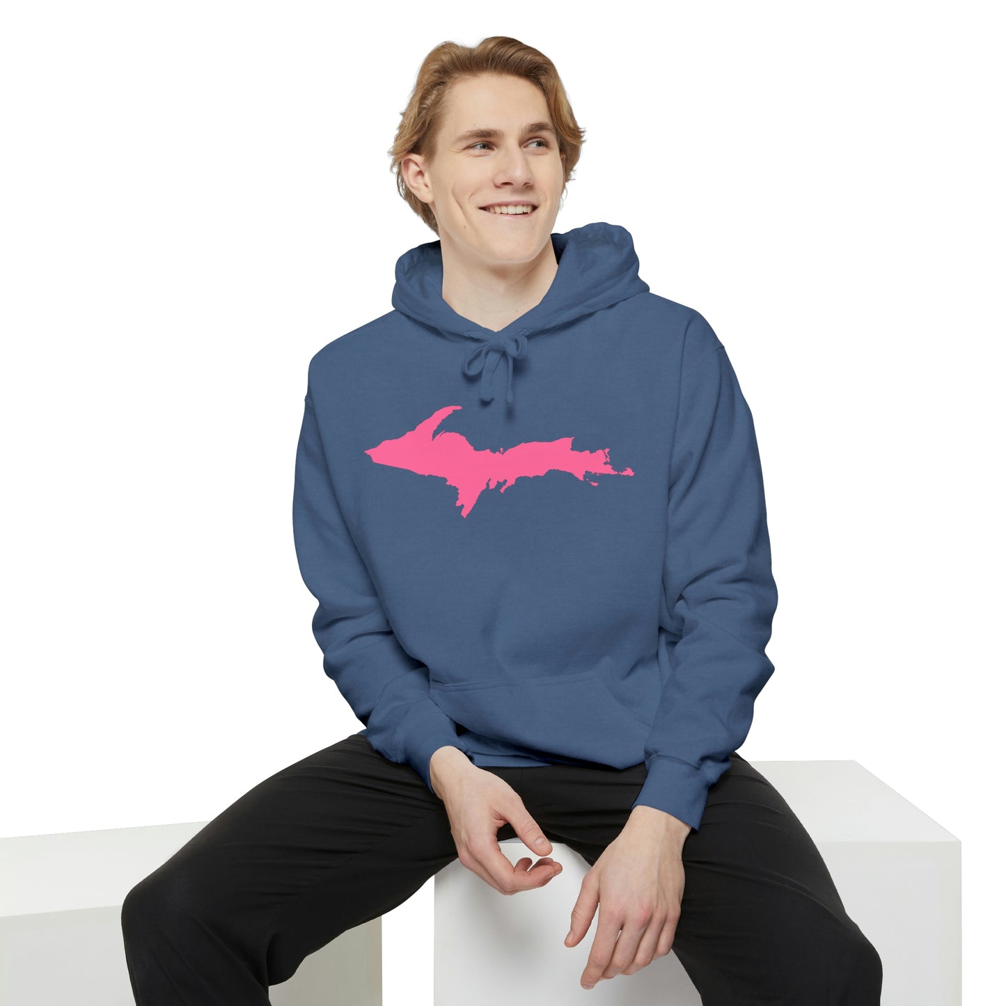 Michigan Upper Peninsula Hoodie (w/ Pink UP Outline) | Unisex Garment-Dyed