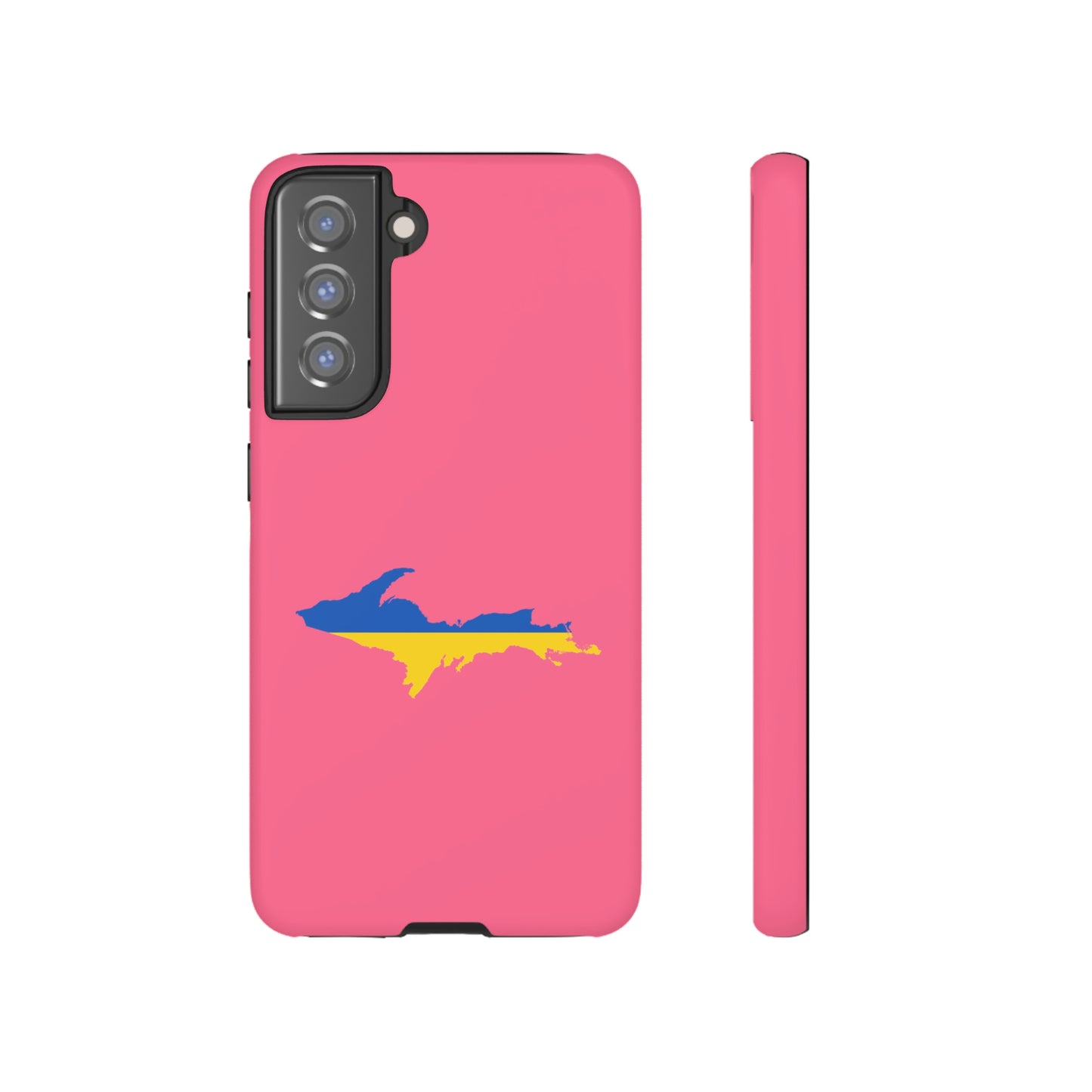 Michigan Upper Peninsula Tough Phone Case (Rhodochrosite Pink w/ UP Ukraine Flag Outline) | Samsung & Pixel Android